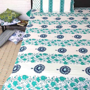 Teal blue floral handblock double bedsheet