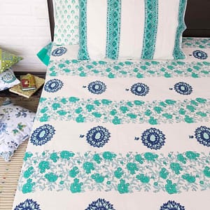 Teal blue floral handblock double bedsheet