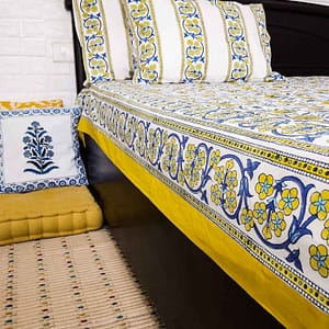 Yellow floral handblock double bedsheet