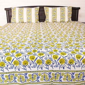 Yellow floral handblock double bedsheet