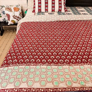 Maroon Lava Fall Mul-Mul Handblock Printed Double Bed Quilt