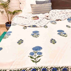 Blue Floral Boota Double Bed Cotton Quilt