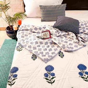 Blue Floral Boota Double Bed Cotton Quilt