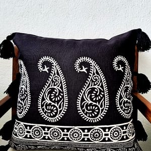 Black blockprinted cushion cover paisley 18″