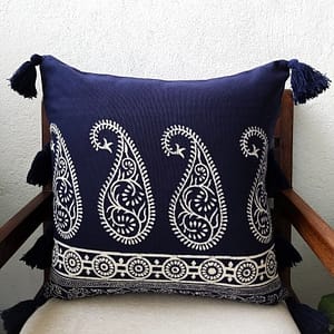 Blue blockprinted cushion cover paisley 18″