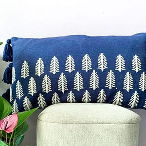 Blue embroidered handblock lumbar cushion cover