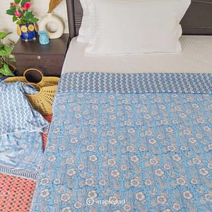 Blue floral hand block reversible dohar