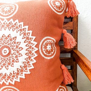 Brown embroidered blockprinted cushion over 18″