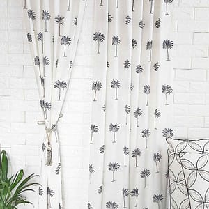 Blue palm tree handblock cotton curtain-Set of 2pcs