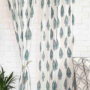 Turquoise leaf handblock cotton curtain-Set of 2pcs