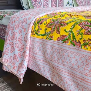 Yellow handblock cotton single bed dohar