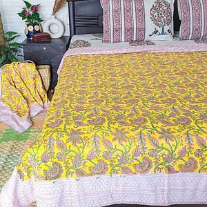 Yellow handblock cotton single bed dohar