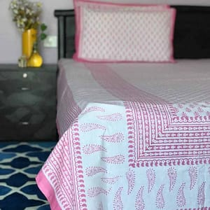 Pink Cotton Jaipur Handblock Double Bedsheet with 2 Pillowcases