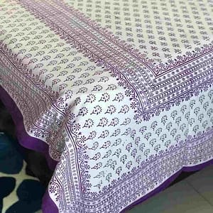 Purple block printed double bedsheet with 2-pillowcases