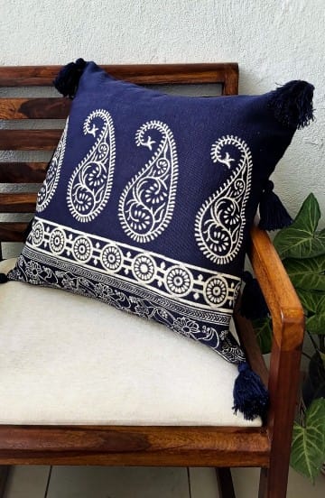 blue cushion cover handblock print 18 inch paisley