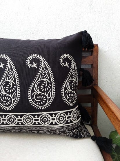 black cushion cover handblock printed 18 inch