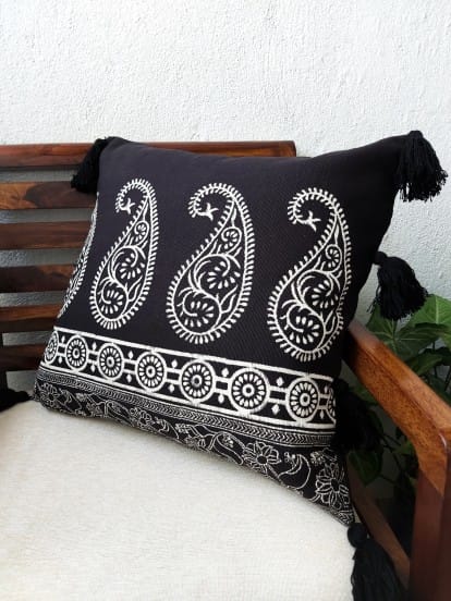 black cushion cover handblock printed 18 inch