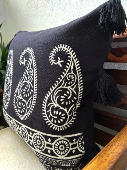 black cushion cover handblock printed 18 inch