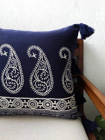 blue cushion cover handblock print 18 inch paisley