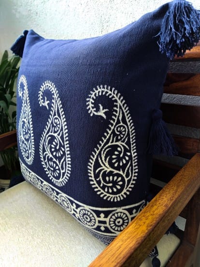 blue cushion cover handblock print 18 inch paisley