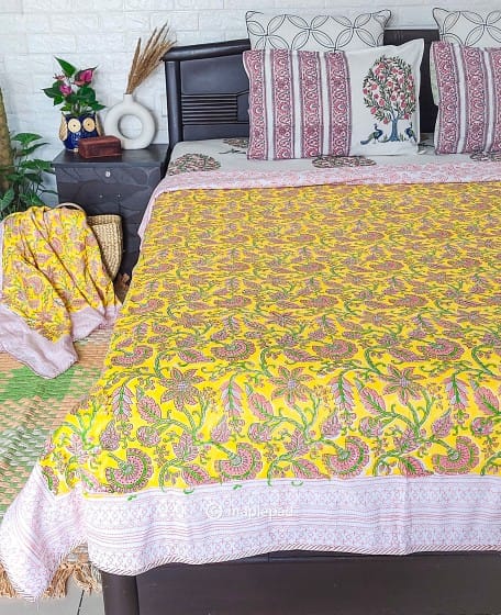 yellow handblock single bed dohar