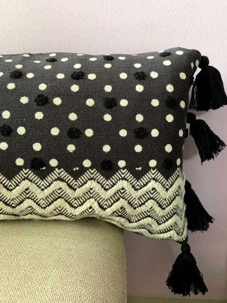 black embroidered handblock lumbar cushion cover