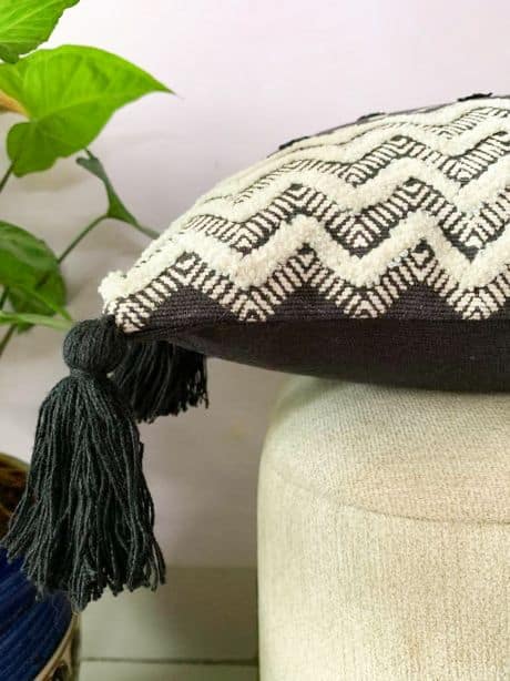 black embroidered handblock lumbar cushion cover