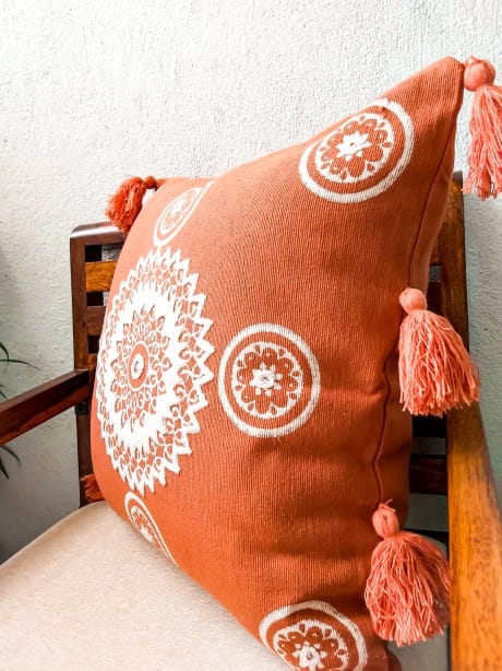 Brown cushion cover mandala print embroidered main