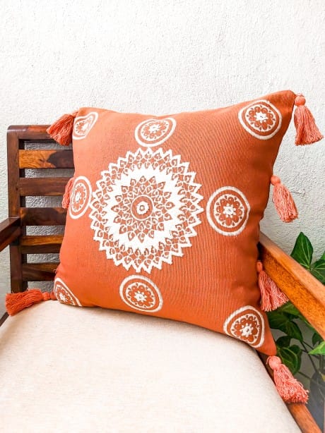 brown cushion cover handblock print and embroidered