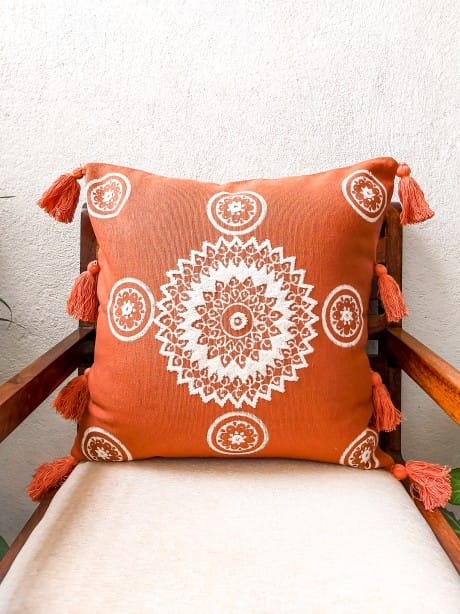 Brown cushion cover mandala print embroidered main