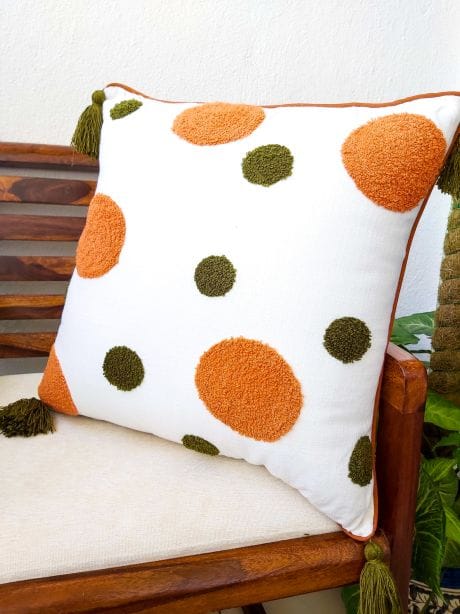 cushion cover embroidered in brown and olive green color