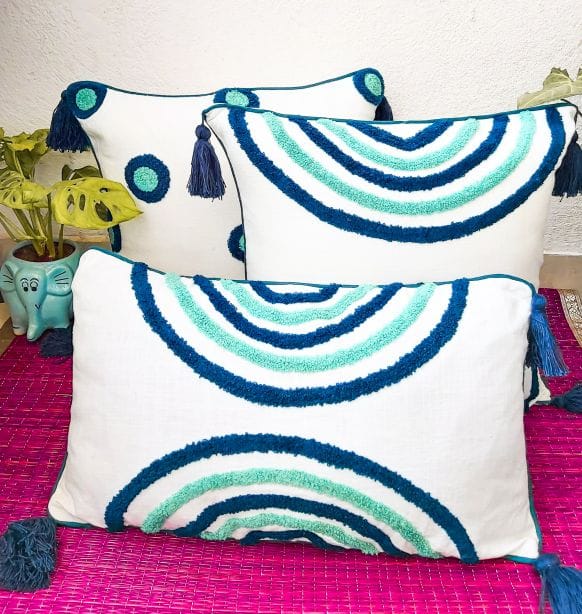 lumbar embroidered cushion cover in blue and turquoise color