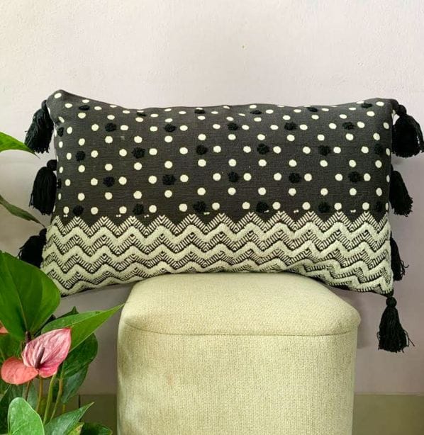 black embroidered handblock lumbar cushion cover