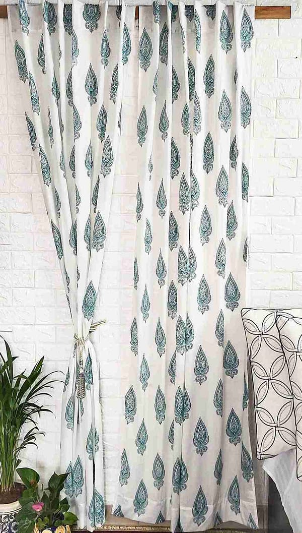 Turquoise handblock cotton curtain main