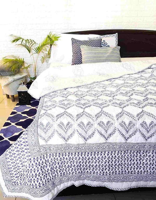 blue boho handblock double bed quilt