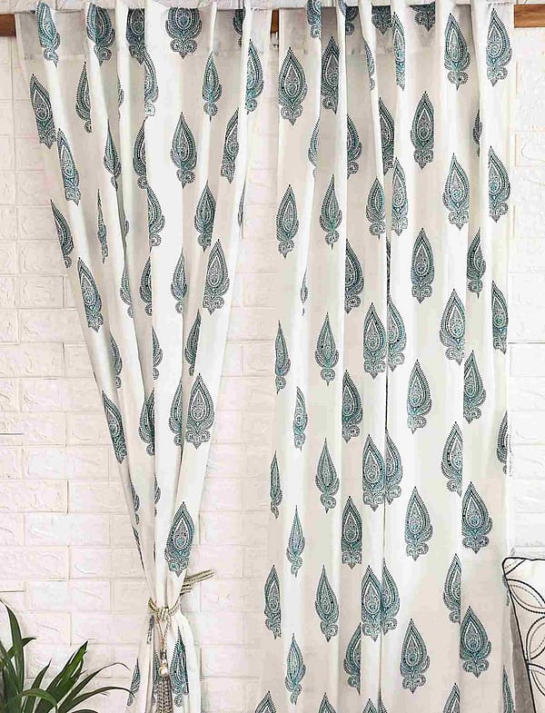 Turquoise handblock cotton curtain 1