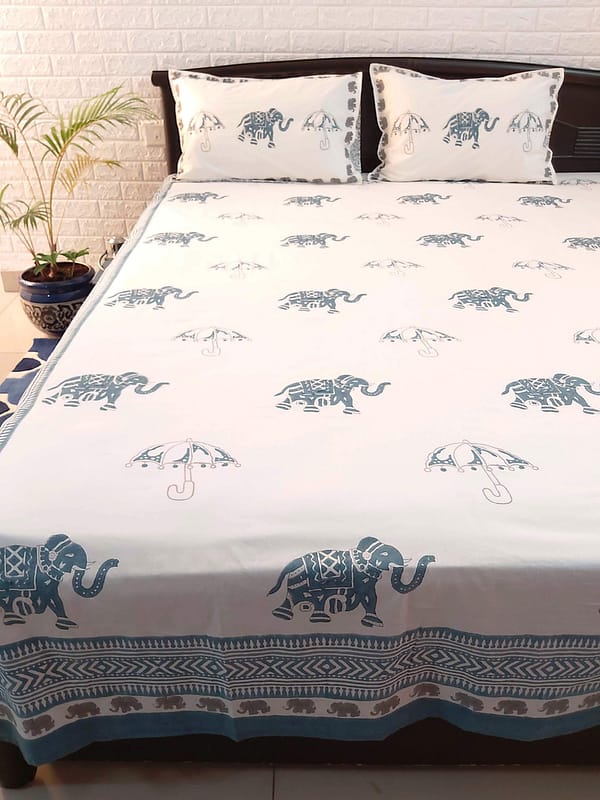 elephant blockprint cotton double bedsheet