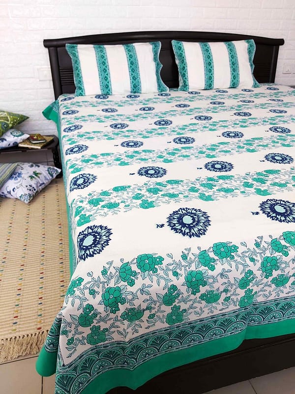 teal blue floral blockprinted bed sheet