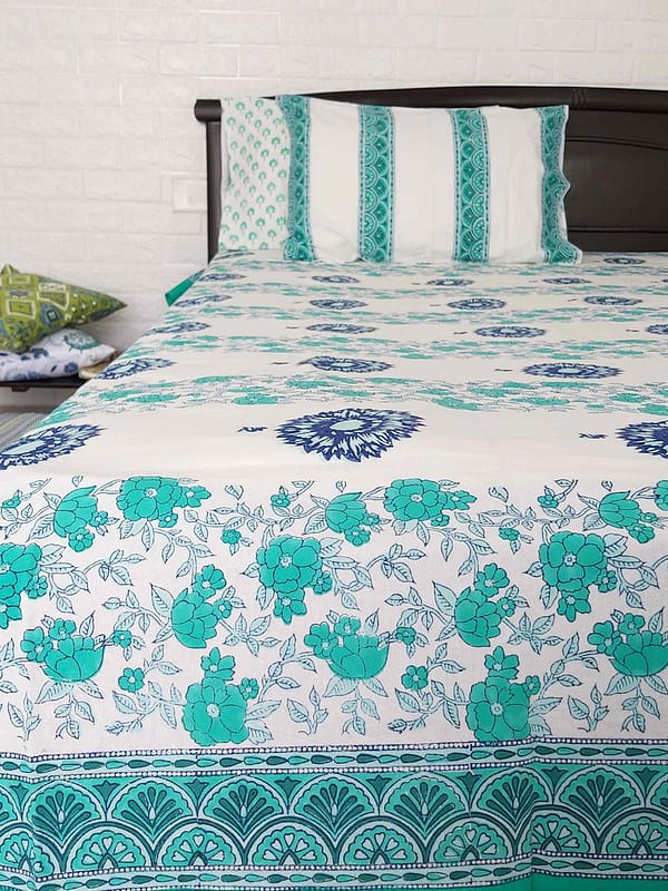 teal blue floral blockprinted bed sheet