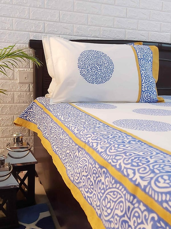 cotton handblock bedsheet in blue and yellow colour