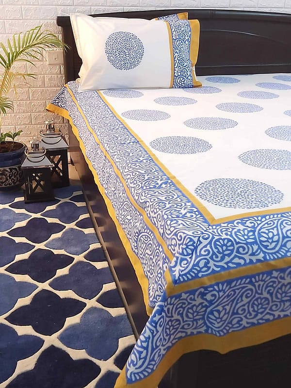 cotton handblock bedsheet in blue and yellow colour