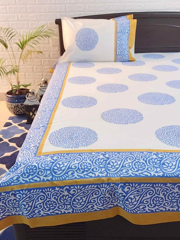 cotton handblock bedsheet in blue and yellow colour