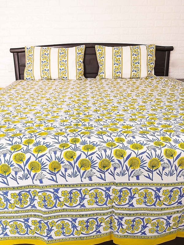 yellow block printed double bedspread