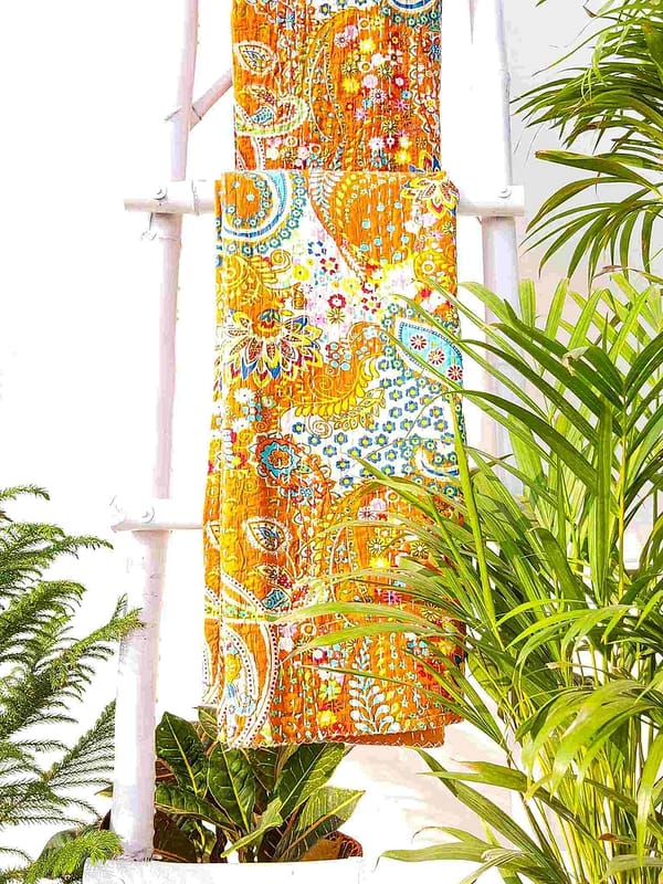 Orange Kantha Bedcover