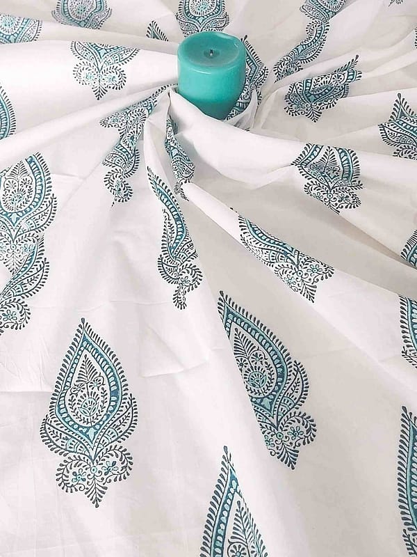 turquoise handblock cotton fabric m2