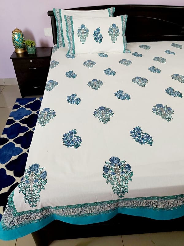 turquoise cotton handblock double bedsheet2