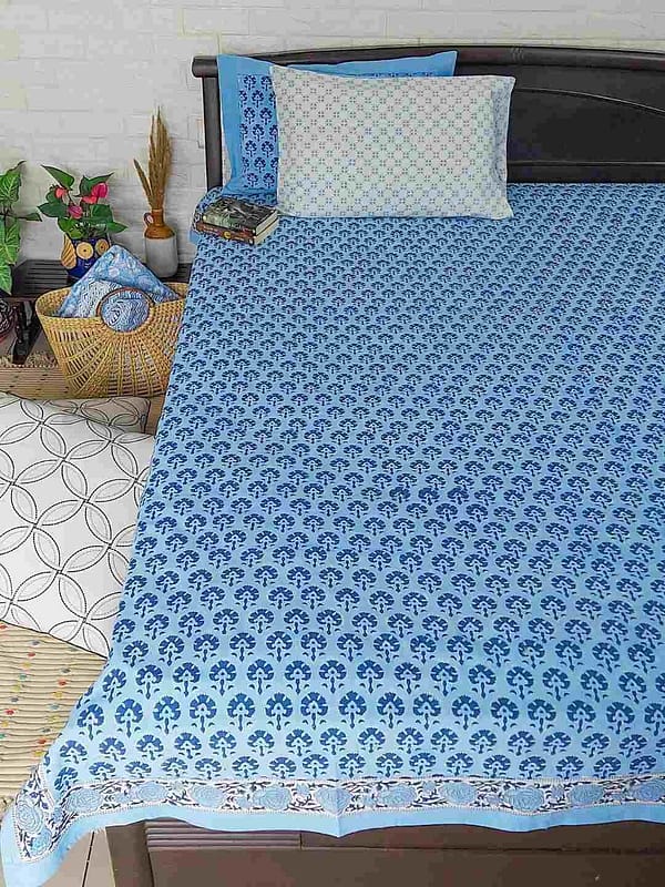 blue gadh handblock cotton double bedsheet m1