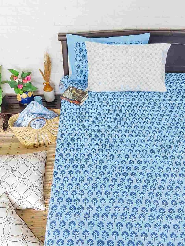 blue gadh handblock cotton double bedsheet m3