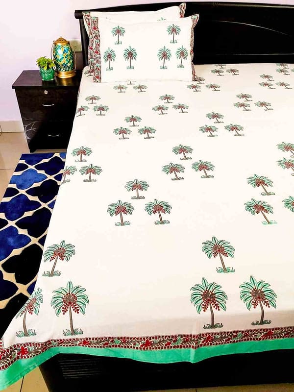 palm tree cotton handblock double bedsheet m