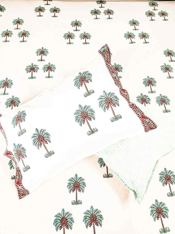 palm tree cotton handblock double bedsheet m4